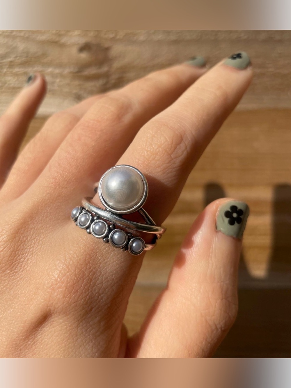 Sterling Silver Pearl Stackable Ring Set in White